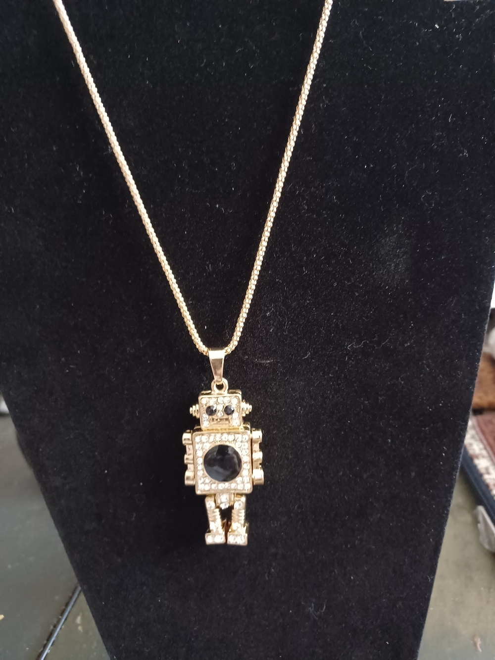 Betsey Johnson Gold-Tone Robot Necklace with Black Stones 32" Chain.